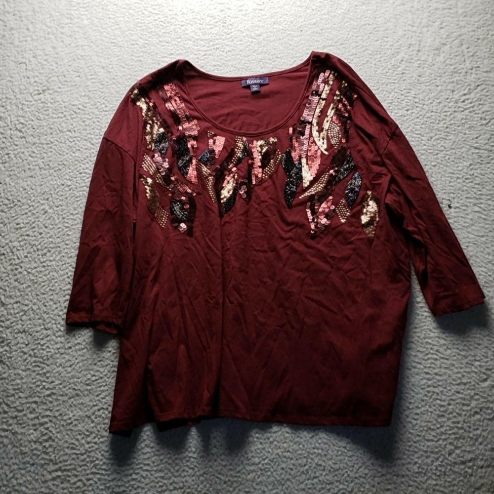 Roaman's Shirt Womens Plus 3X Red Scoop Neck 3/4 Sleeve Sequin Jersey Top